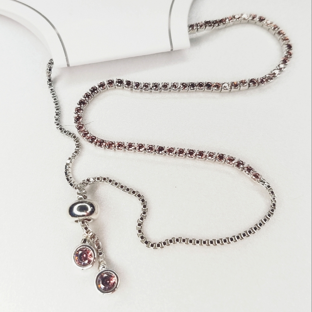 Bolo Bracelet, Rhodium plated Sterling Silver, Light Rose CZs & Box Chain